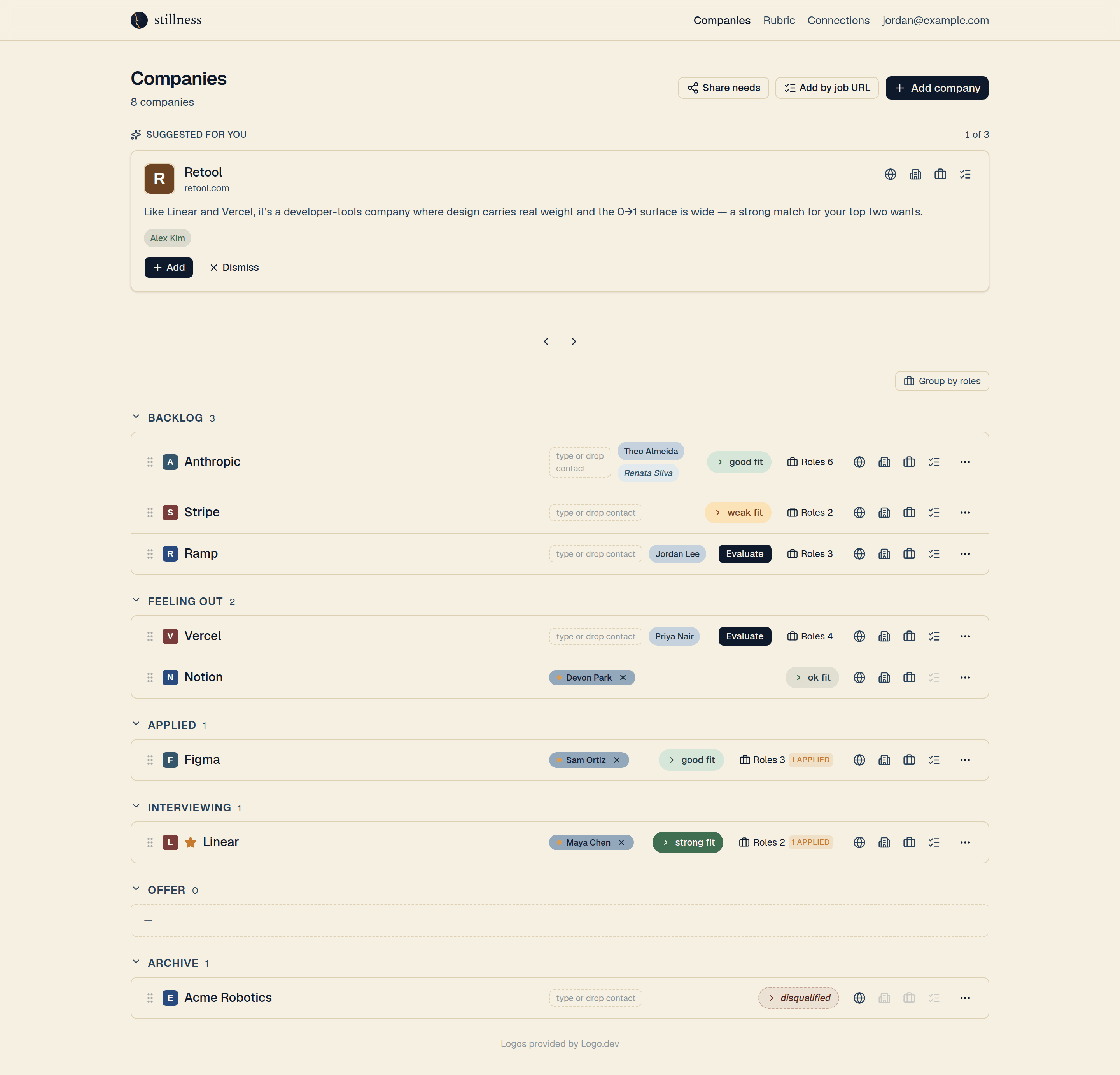 The stillness companies board: every target company grouped by stage with fit verdicts, contacts, and links — the whole search on one calm page