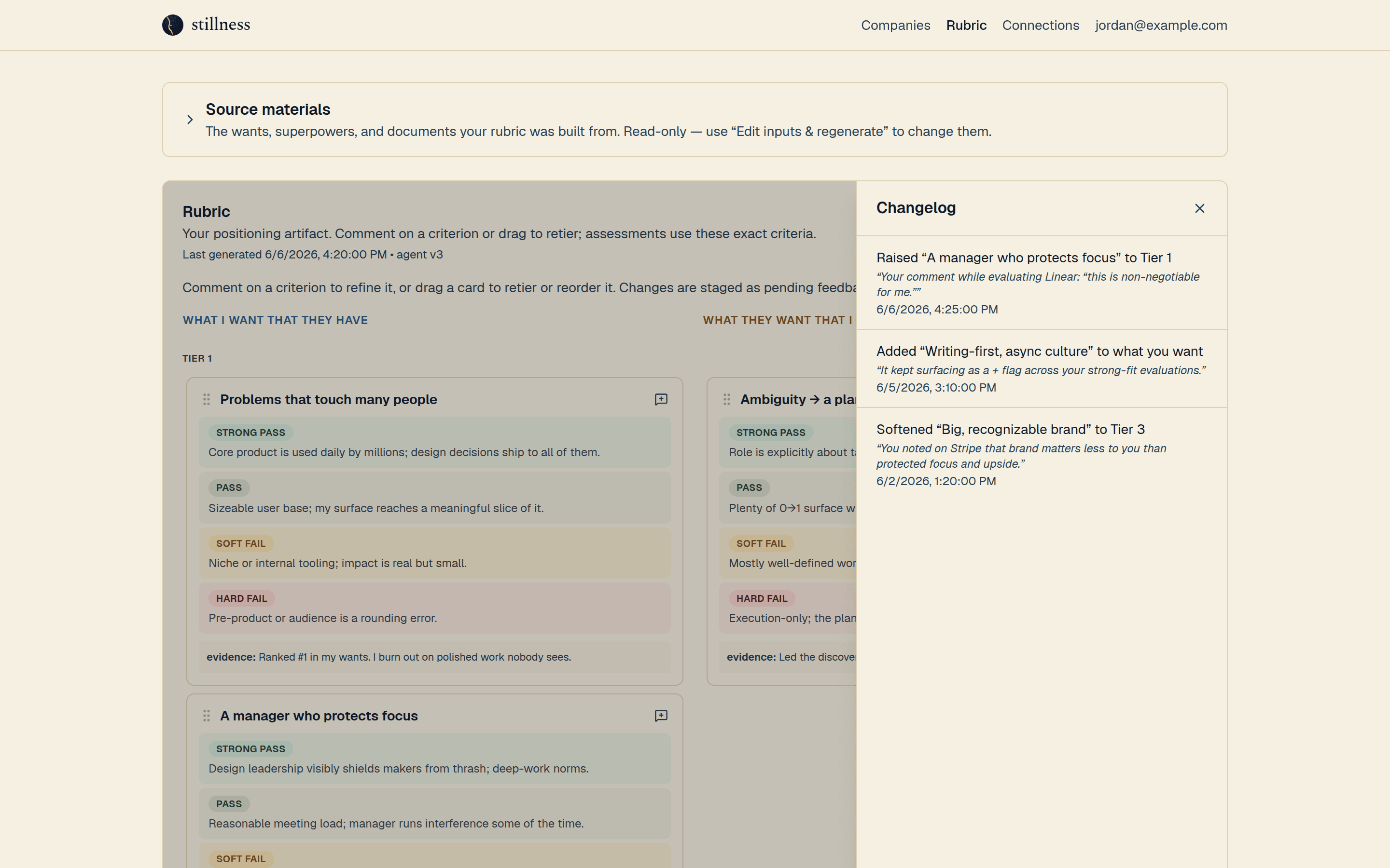 The rubric changelog: each refinement tied to the company evaluation that prompted it