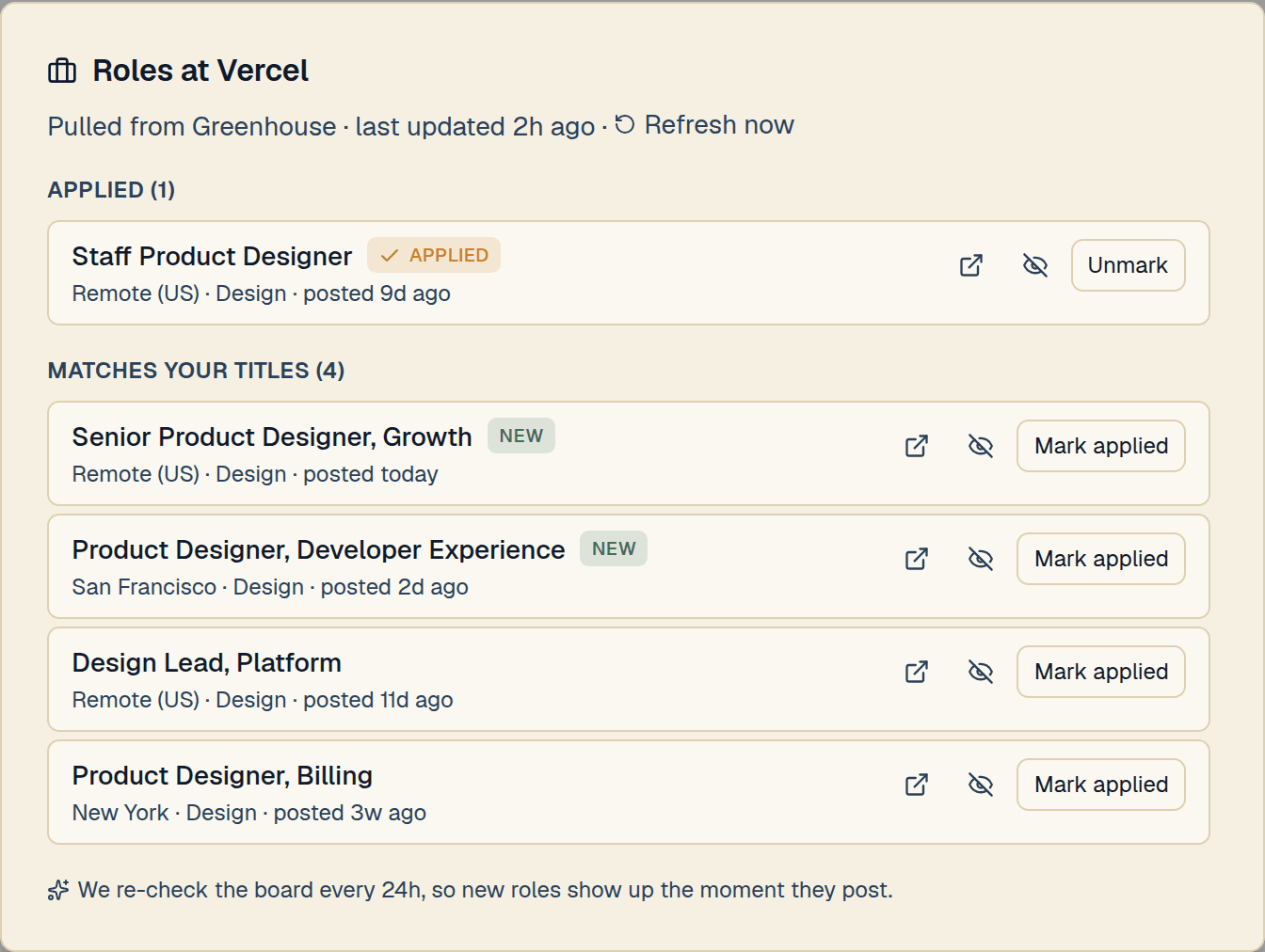The roles dialog: open roles at a target company with New tags and posted dates