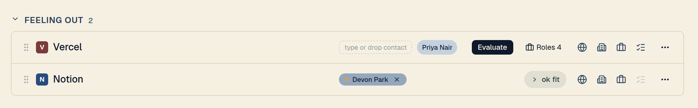 A company board row with a LinkedIn match ready to drop into the contact slot, and another with a placed contact marked by a gold warm-intro dot